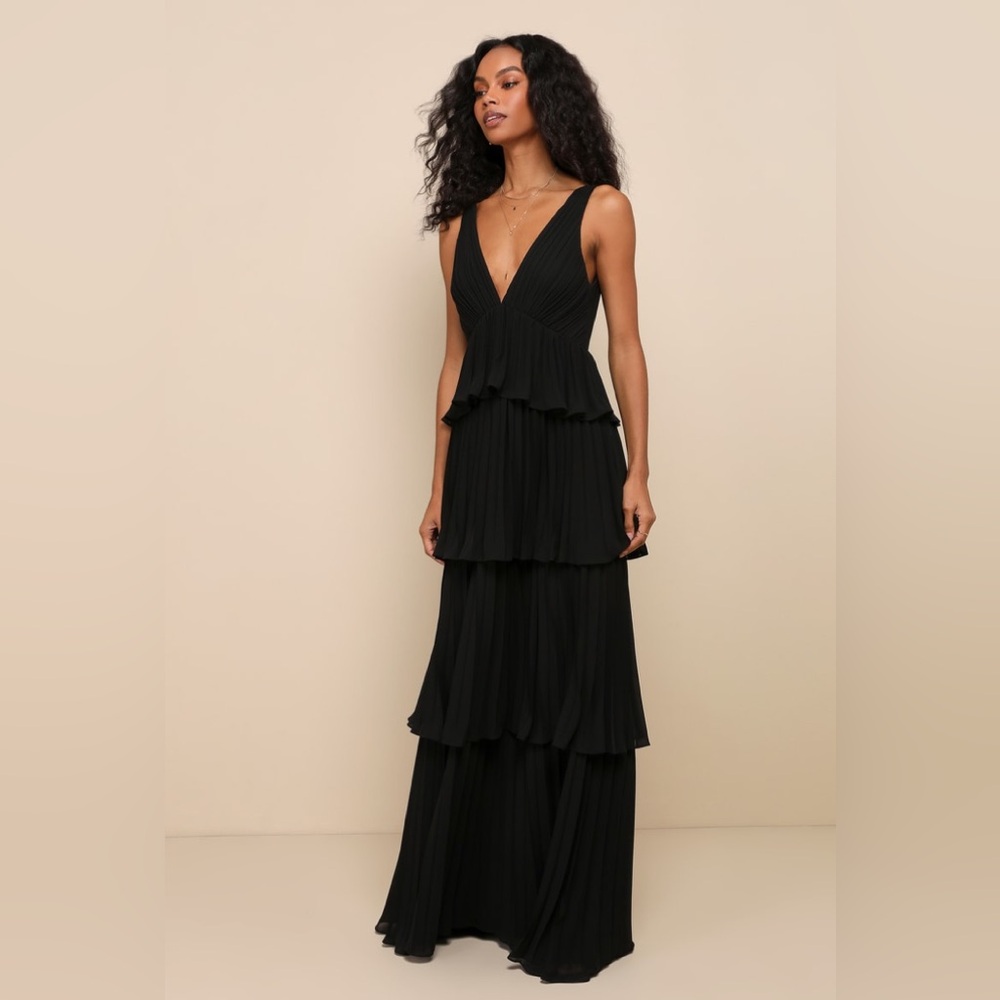 Lulus-Mesmerizing Essence Black Pleated Backless Tiered Maxi Dress (M/L/XL) - Picture 5 of 5